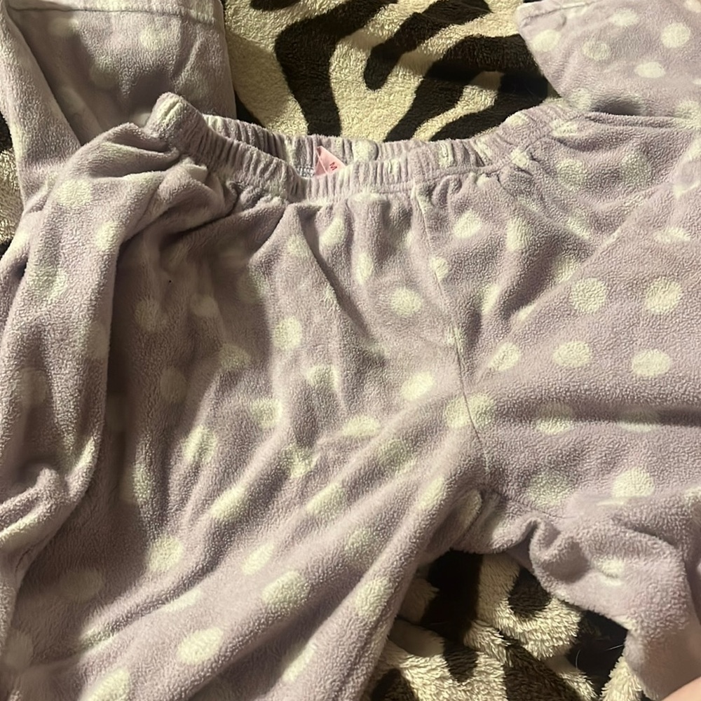 purple and white polka dot pj pants